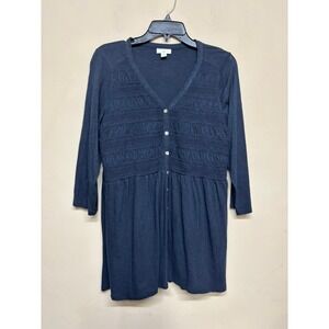 J. Jill Navy Blue Button Front Smocked V Neck Tunic Top 3/4 Sleeve Size M Ruffle